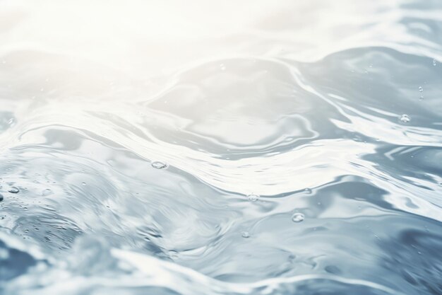 Surface d'eau transparente floue avec des vagues et des bulles