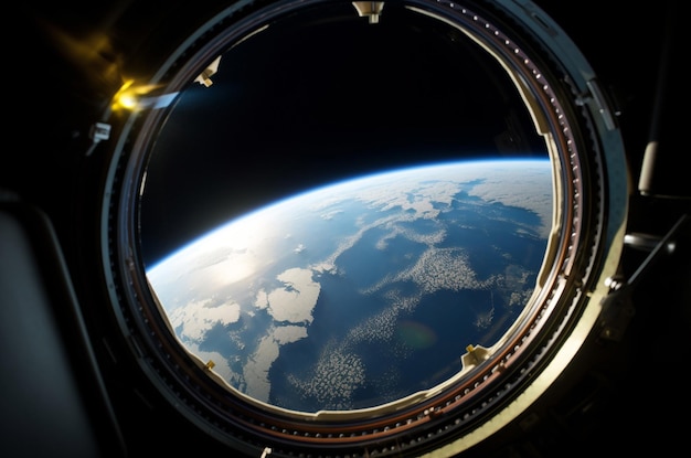 Surface de la fenêtre du vaisseau spatial et vue sur la terre dans l'exploration de la recherche scientifique de la galaxie de l'univers