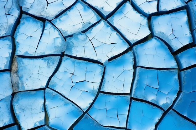 Une surface fissurée fissurée avec des carreaux bleus fissurés.