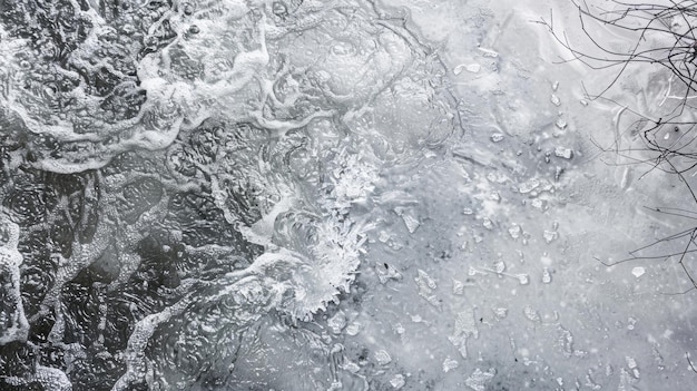 Photo la surface gelée d'une rivière couverte d'une fine couche de neige qui crée un effet de texture subtile