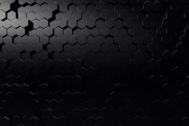 Surface géométrique abstraite. Fond noir hexagonal. Rendu 3D