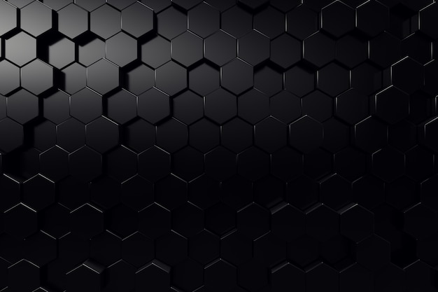 Surface géométrique abstraite. Fond noir hexagonal. Rendu 3D