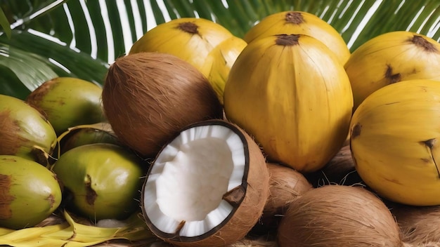 Surface jaune avec des noix de coco et des feuilles de palmier