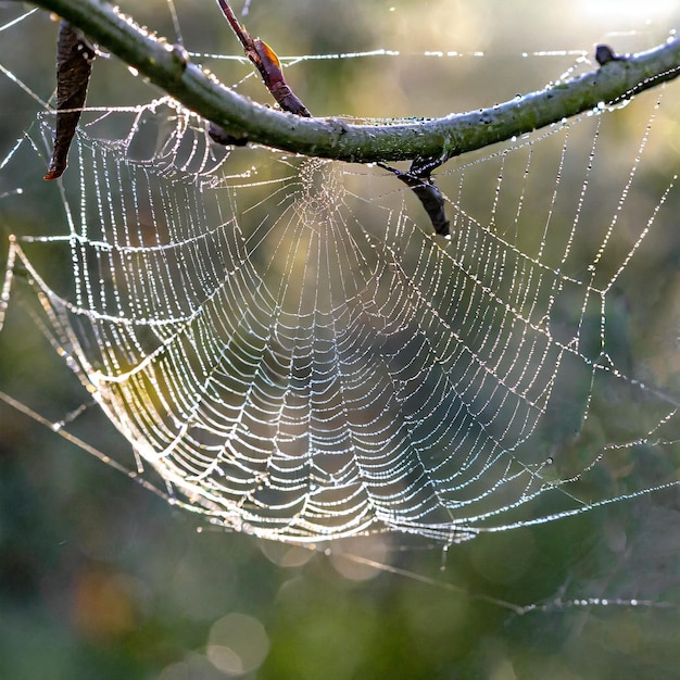 La surface lisse et soyeuse d'une toile d'araignée avec de minuscules gouttes de rosée scintillant dans la lumière du matin