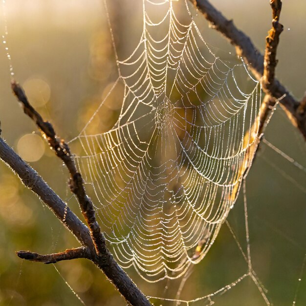 La surface lisse et soyeuse d'une toile d'araignée avec de minuscules gouttes de rosée scintillant dans la lumière du matin