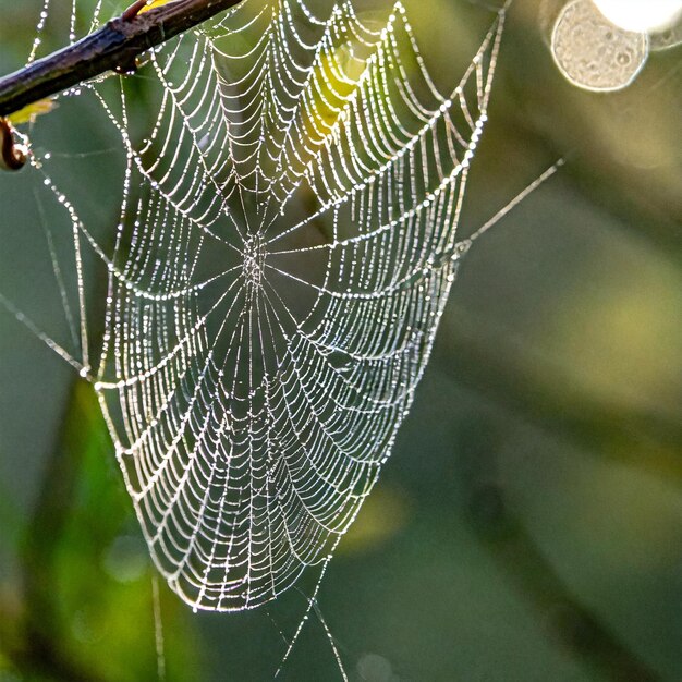 La surface lisse et soyeuse d'une toile d'araignée avec de minuscules gouttes de rosée scintillant dans la lumière du matin