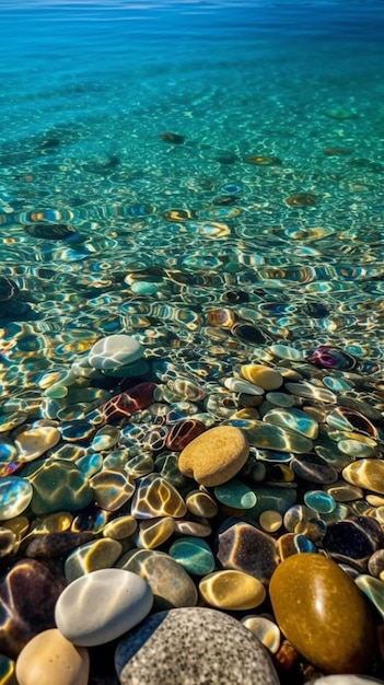 Une surface de mer avec des pierres et des cailloux sous l'eau
