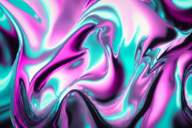 Surface de métal liquide irisé avec des ondulations 3d illustration Résumé fond fluorescent Grippe