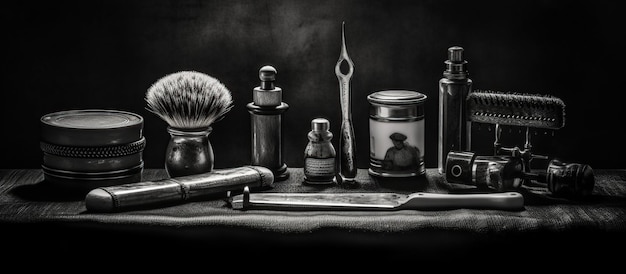 Sur une surface noire et poussiéreuse se trouvent de vieux outils de barbier.