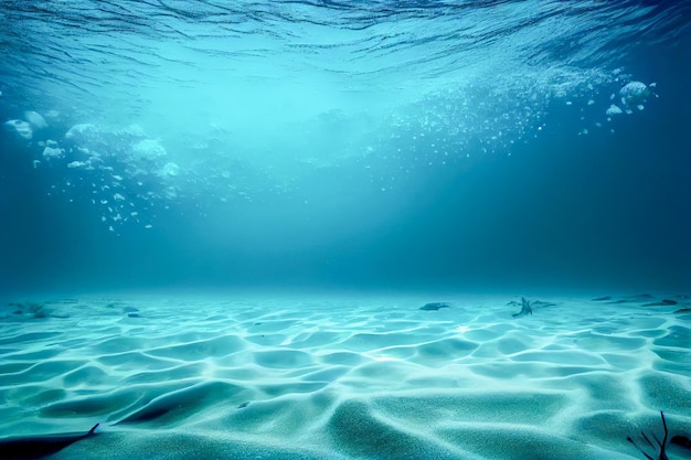 Surface de l'océan bleu vue du fond sous-marin sous-marin fond et vagues illustration 3D AI générative