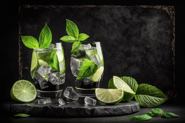 Sur une surface en pierre noire deux verres de mojito cocktail au citron vert frais et à la menthe