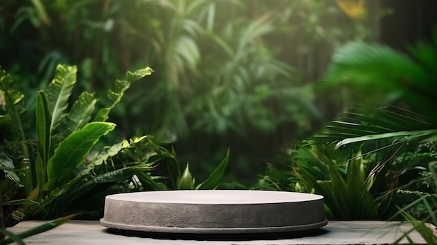 Surface en pierre ronde dans une forêt verte avec plate-forme publicitaire marketing copyspace
