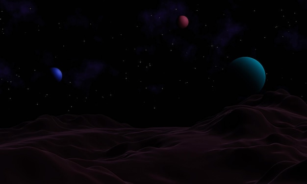 La surface des planètes dans l'espace n'a pas de vie il ressemble à un désert beaucoup d'étoiles dans l' espace colline de montagne de grès sur la planète rendu 3D