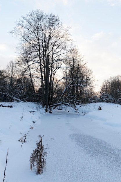 La surface de la rivière couverte de glace et de neige, gelée en hiver