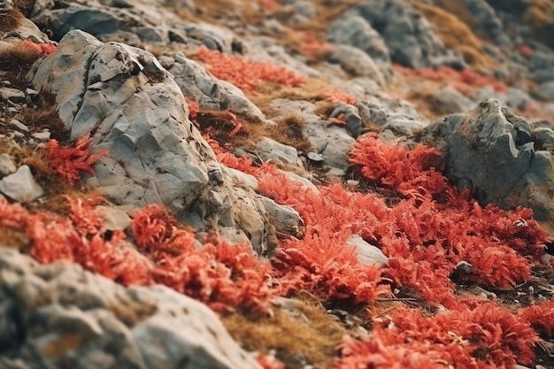 Surface rocheuse rouge avec beaucoup de buissons