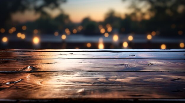 Photo surface d'une table en bois sur un fond naturel flou avec bokeh