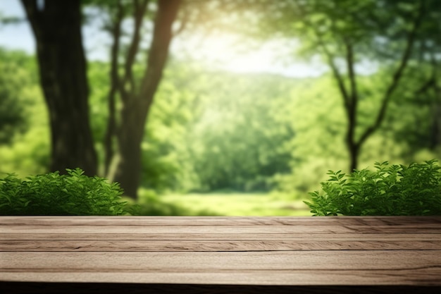 Surface de table en bois vide avec copie espace fond de forêt verte