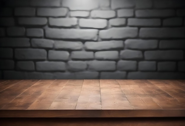 Surface de table en bois vide avec un mur de brique flou à l'arrière-plan