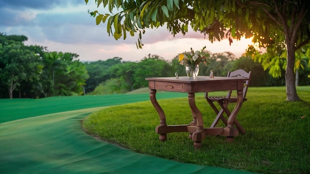 Surface de la table avec vue sur l'herbe verte