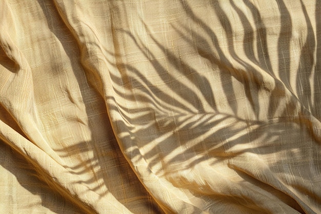 Surface textile beige avec des plis et des ombres de feuilles de palmier Fond naturel minimaliste Fond de style nordique IA générative