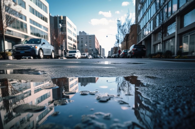 Surfaces d'asphalte humide avec reflets de bâtiments et ciel bleu