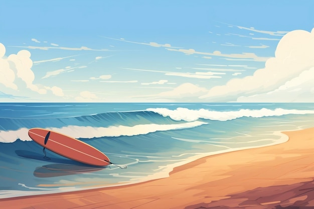 Surfer sur la planche de surf Waves avec illustration de plage pour la Journée internationale du surf AI générative