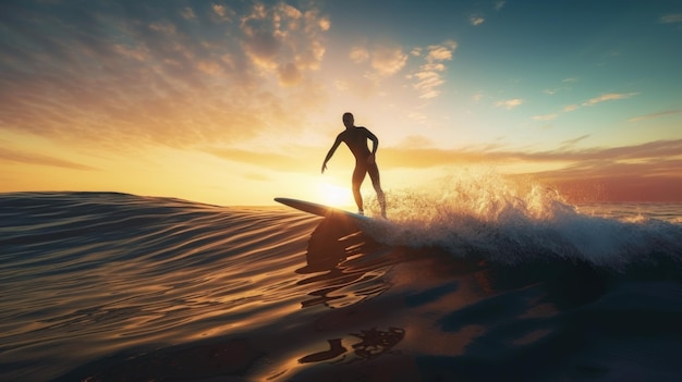Surfer Silhouette Riding the Sunset Wave Generative ai