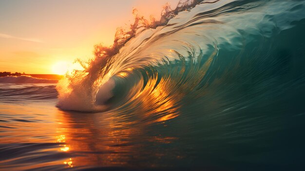 Surfer sur la vague de l'océan au coucher du soleil Beau paysage avec la vague bleue de l'oceane