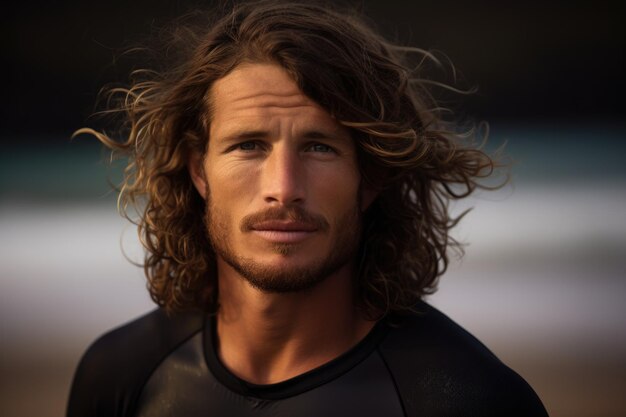 Photo surfeur de 30 ans avec des cheveux ondulés de plage portant une combinaison de plongée