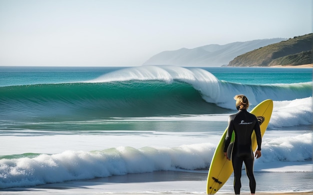 Surfeur anonyme regardant la mer ondulante