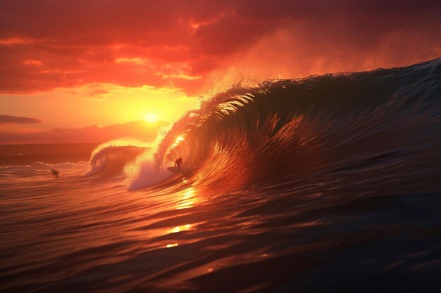 Surfeur attrapant une vague au lever du soleil le frisson de l'ai génératif