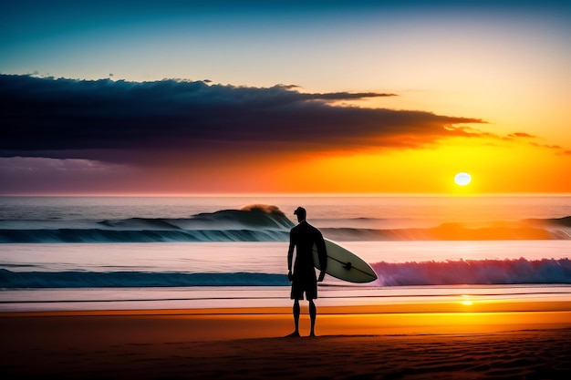 Surfeur au coucher du soleil sur une plage immaculée Silhouette avec planche de surf au bord de l'océan