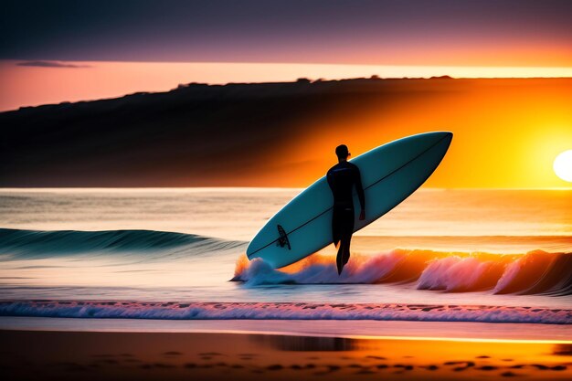 Surfeur au coucher du soleil sur une plage immaculée Silhouette avec planche de surf au bord de l'océan