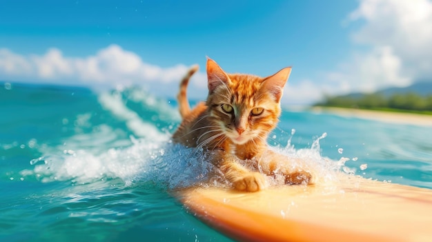 Le surfeur de chat surfe sur les vagues de l'océan, le gingembre drôle surfe sur la mer, la vue de l'animal glissant sur l'eau et le ciel bleu, le concept de voyage sportif, de vacances amusantes, de station balnéaire.