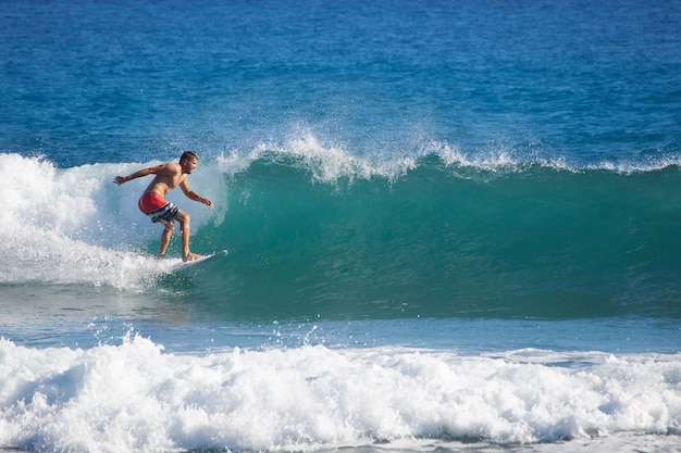 Surfeur chevauchant rapidement sur une vague bleue tropicale parfaite. Hommes attrapant des vagues dans l'océan.