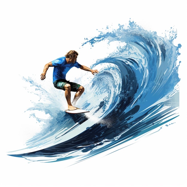 Surfeur chevauchant une vague dans l'océan sur fond blanc ai générative