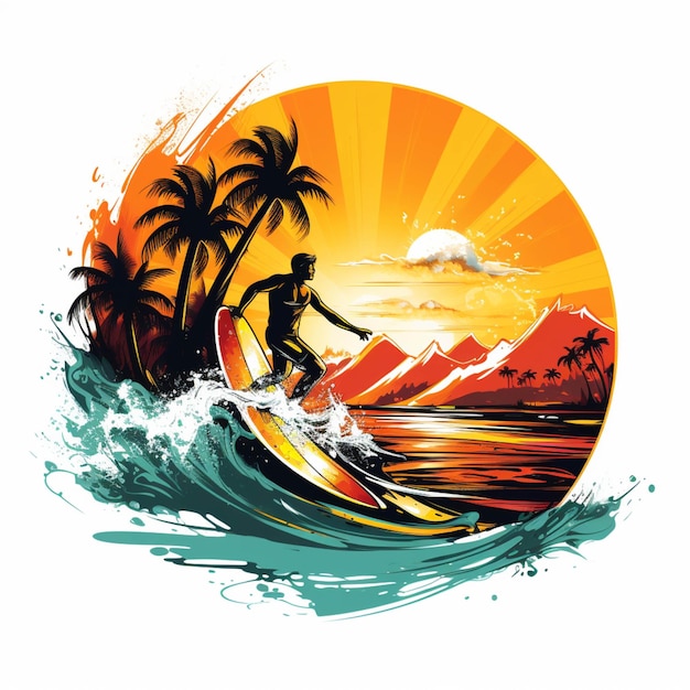 Surfeur chevauchant une vague dans l'océan avec des palmiers et des montagnes en arrière-plan ai générative