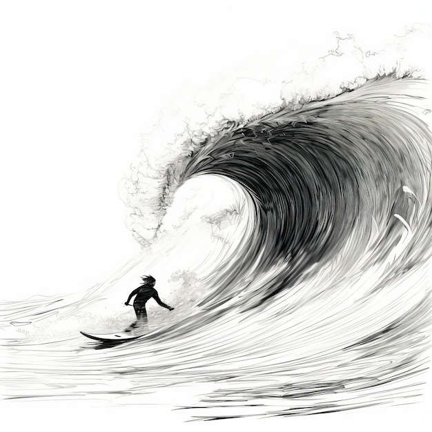 un surfeur chevauche une énorme vague dans l'océan, capturé dans un style à l'encre monochrome avec des éléments surréalistes. cette illustration éditoriale de yukimasa ida présente l'exploit audacieux du surfeur, renforcé par t