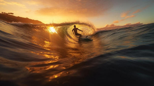 Un surfeur chevauche une vague avec le soleil se couchant derrière lui.