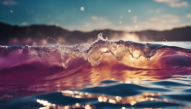 Surfeur dans l'océan au coucher du soleil La vague se brise de près