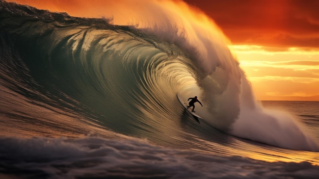 Photo un surfeur sur une énorme vague au coucher du soleil