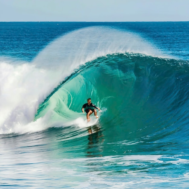 Surfeur sur une grande vague bleue