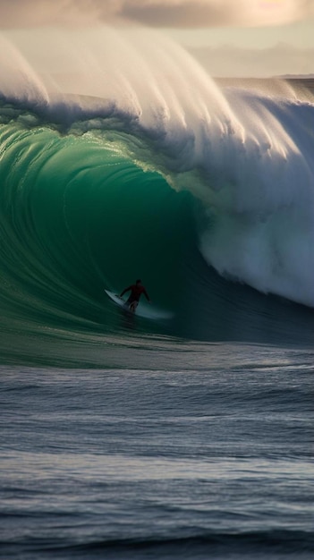 Surfeur sur une incroyable vague bleue dans le tube épique du baril