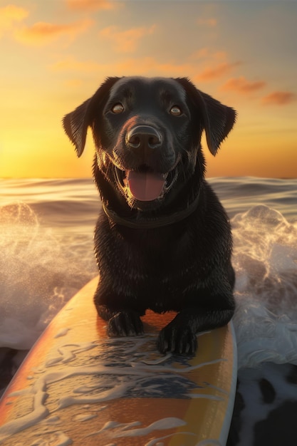 Surfeur de labrador retriever noir sur une planche de surf