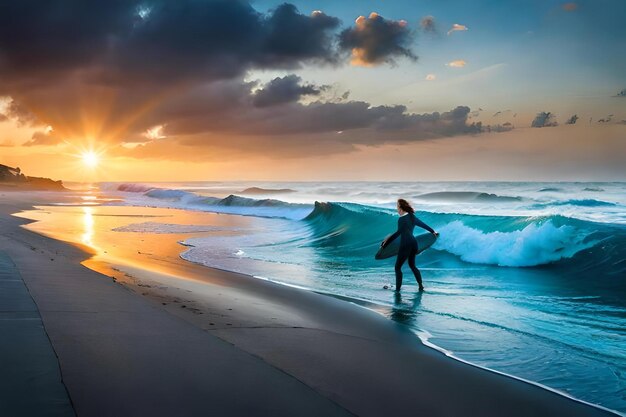 Photo surfeur sur la plage avec un coucher de soleil