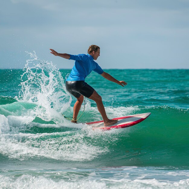 Surfeur pratiquant le surf sur une mer ondulée avec des éclaboussures d'eau