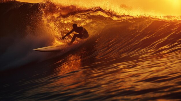 Surfeur prenant une très grosse vague au coucher du soleil