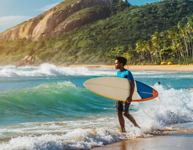 Photo un surfeur qui entre dans l'eau pour attraper des vagues.