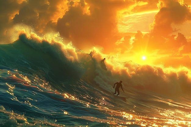 Un surfeur ramant pour attraper la prochaine grosse vague.