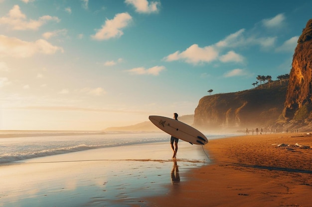 Un surfeur se promène sur la plage avec sa planche.